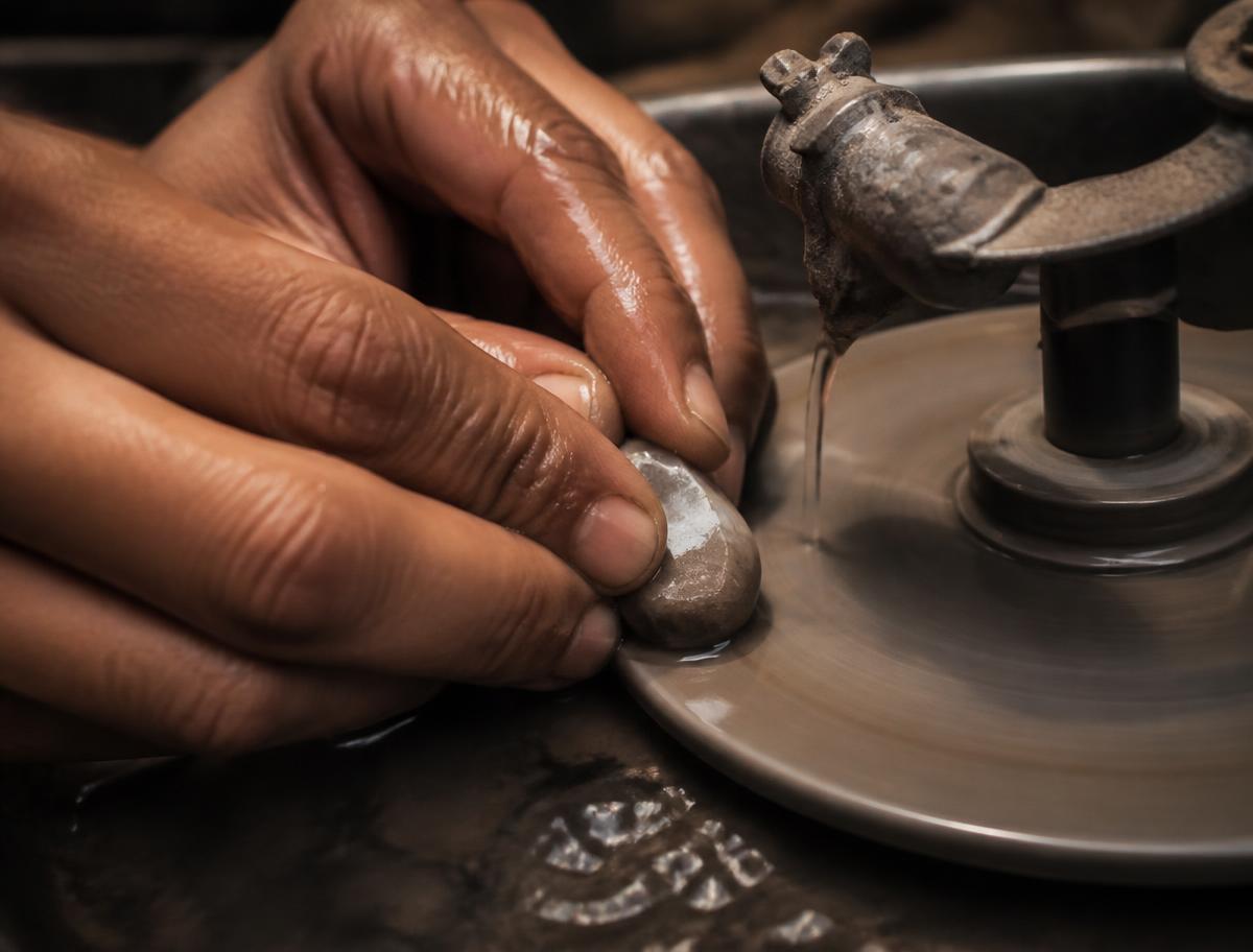 Close-up of a gemstone being polished on a water-fed lapidary wheel