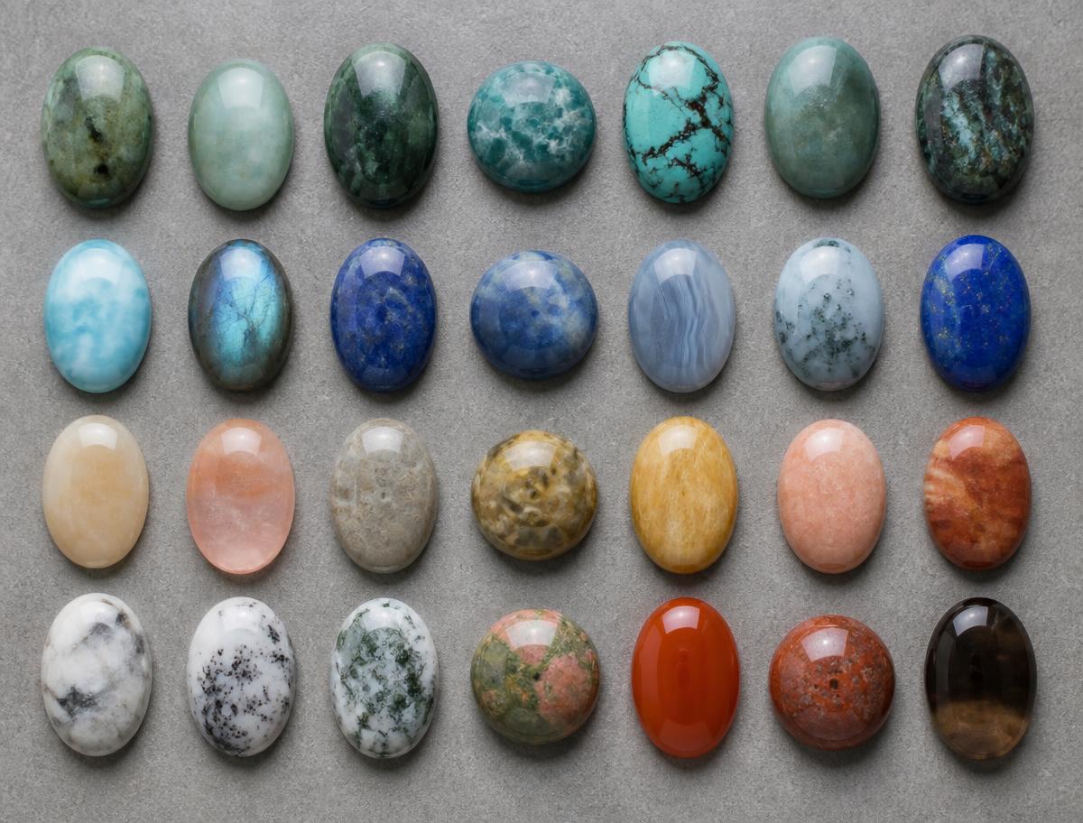 Rows of polished natural gemstone cabochons in oval and round shapes
