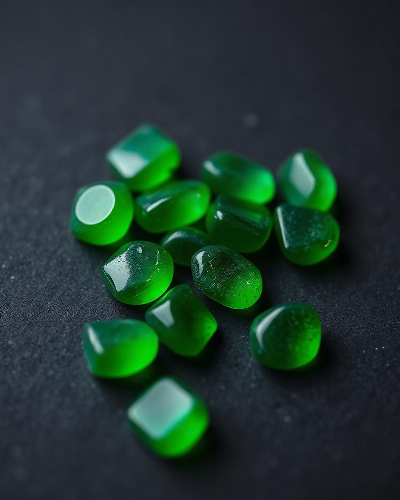 Polished green natural gemstones on a dark surface