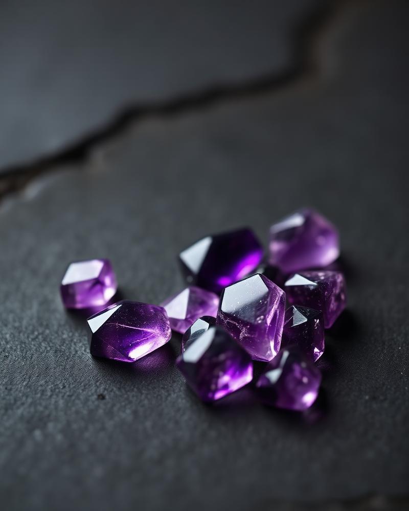 Polished purple natural gemstones on a dark surface