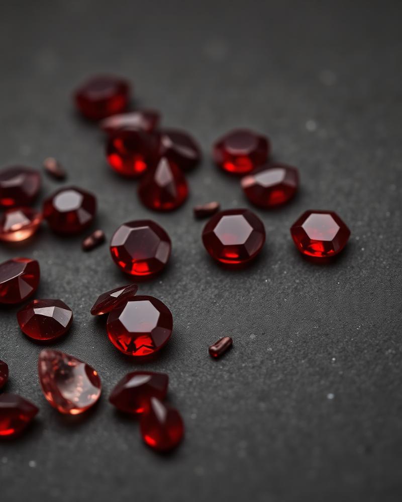 Faceted red natural gemstones on a dark surface