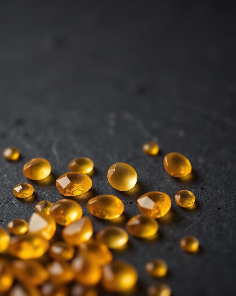 Polished yellow natural gemstones on a dark surface