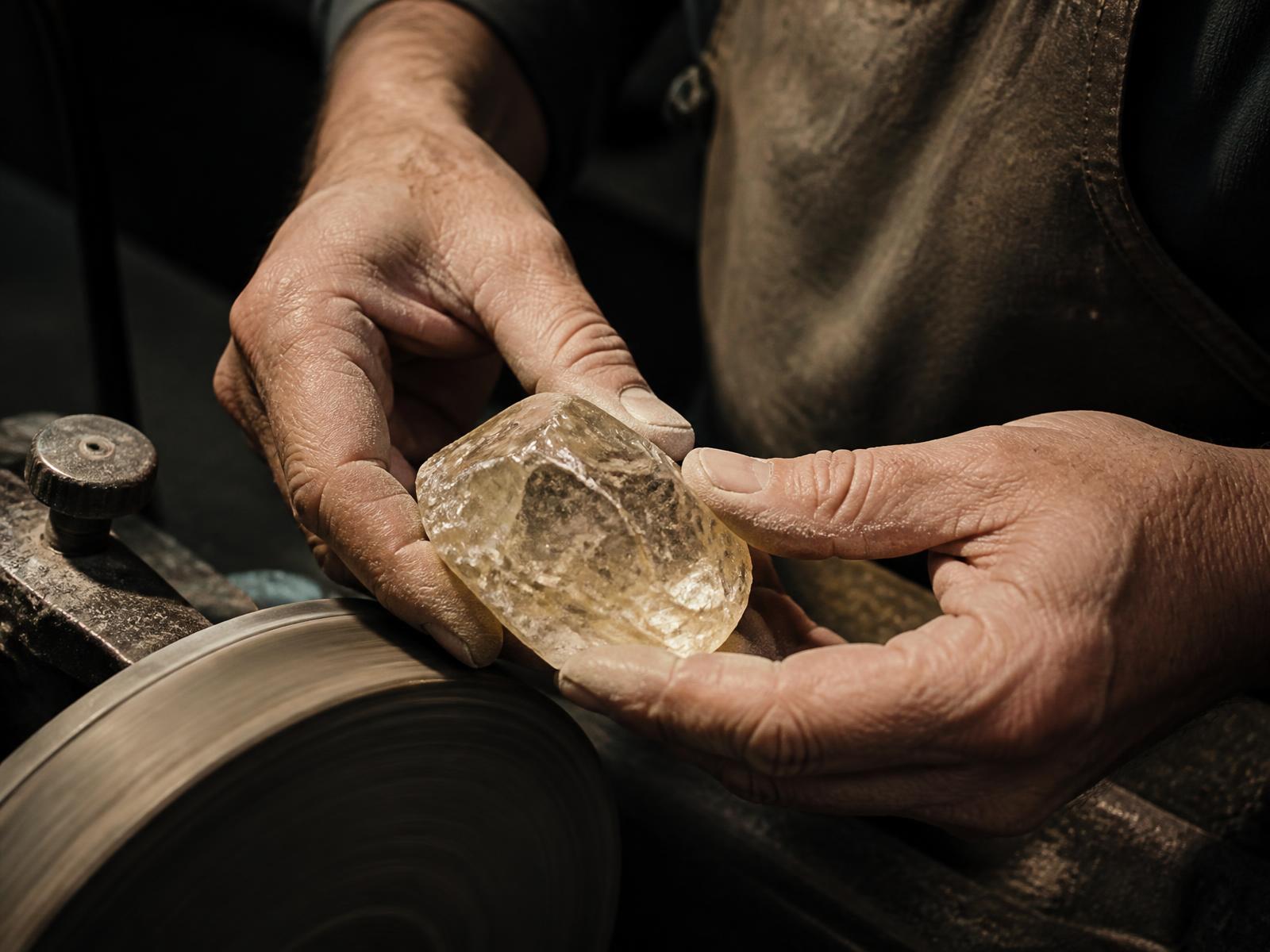 Craftsman's hands holding a large natural rough gemstone beside a lapidary polishing wheel