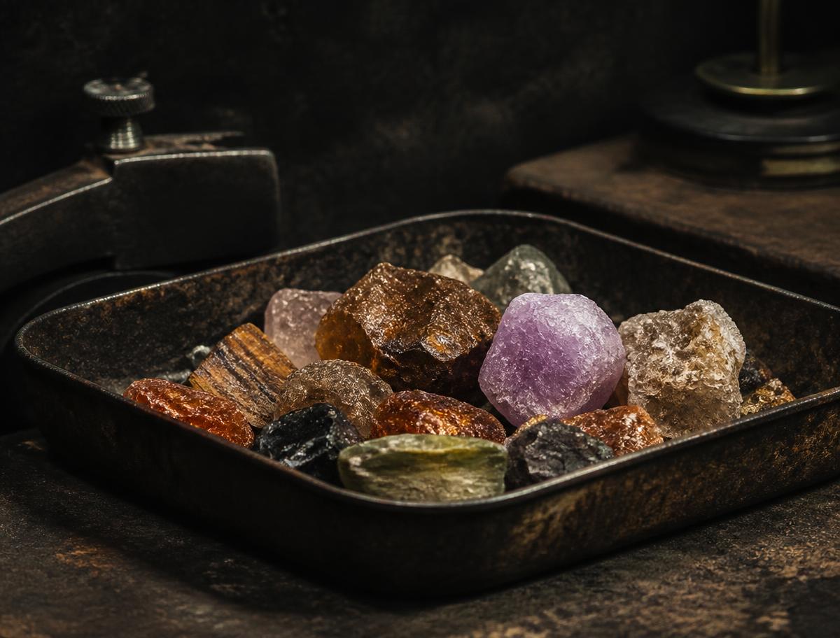 Tray of natural rough gemstone material resting on a workshop bench