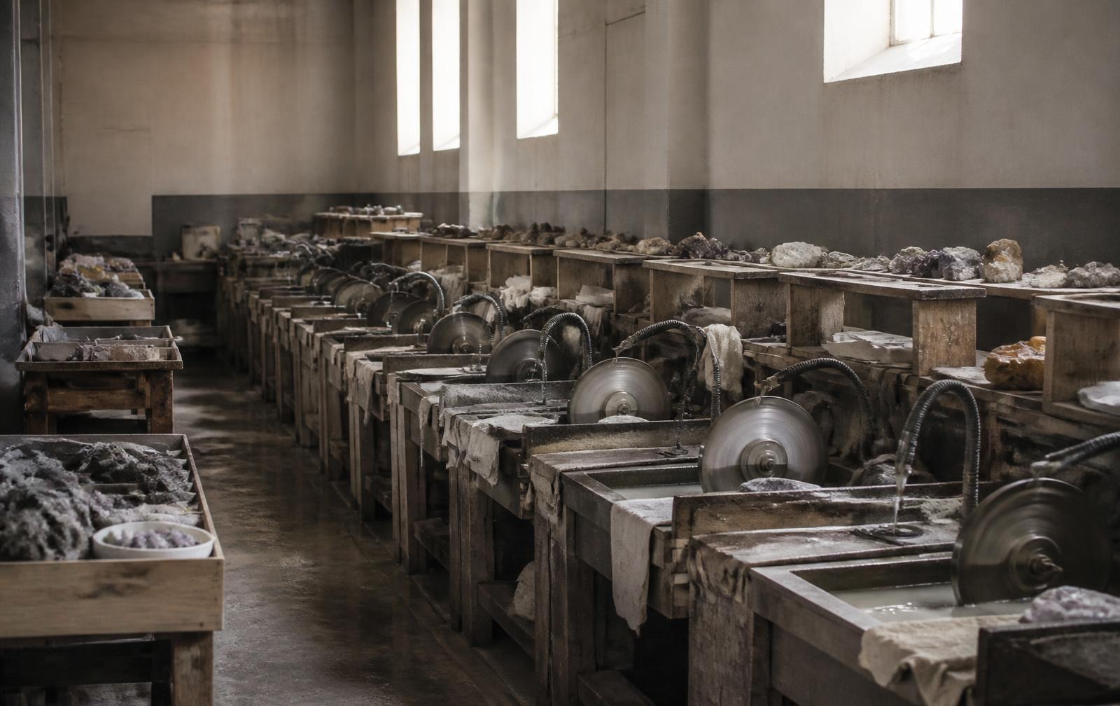 Interior of a lapidary workshop with rows of polishing wheel stations and trays of rough stones